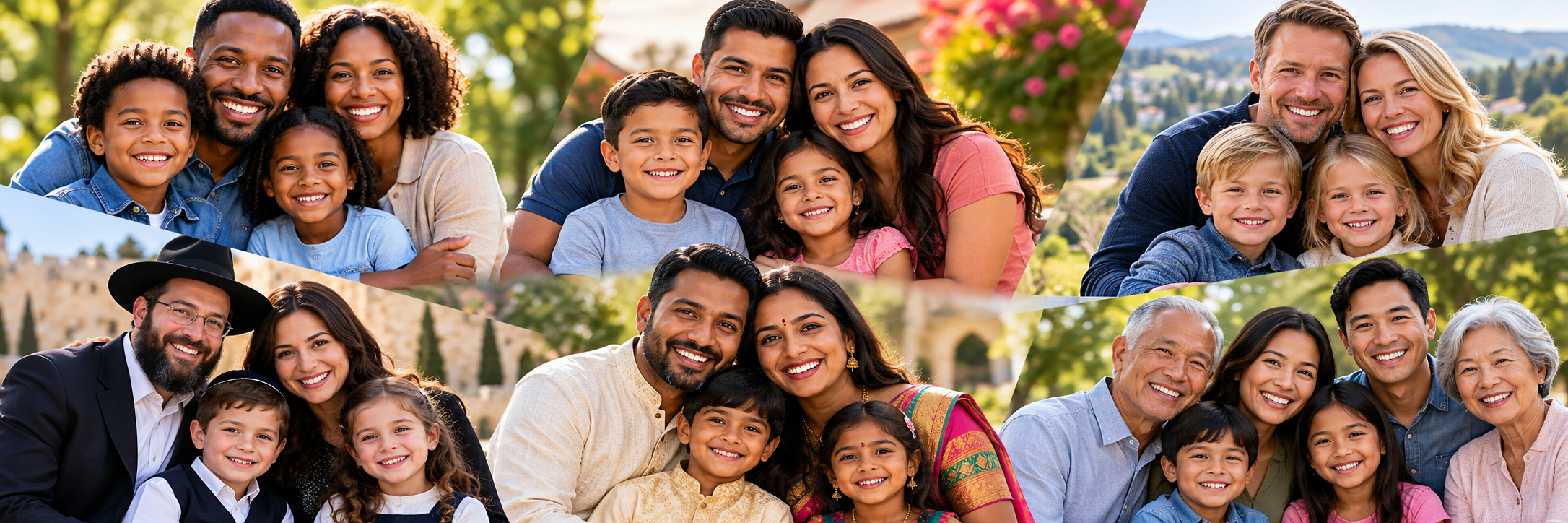 Panoramic montage of smiling families from diverse cultural backgrounds and multiple generations